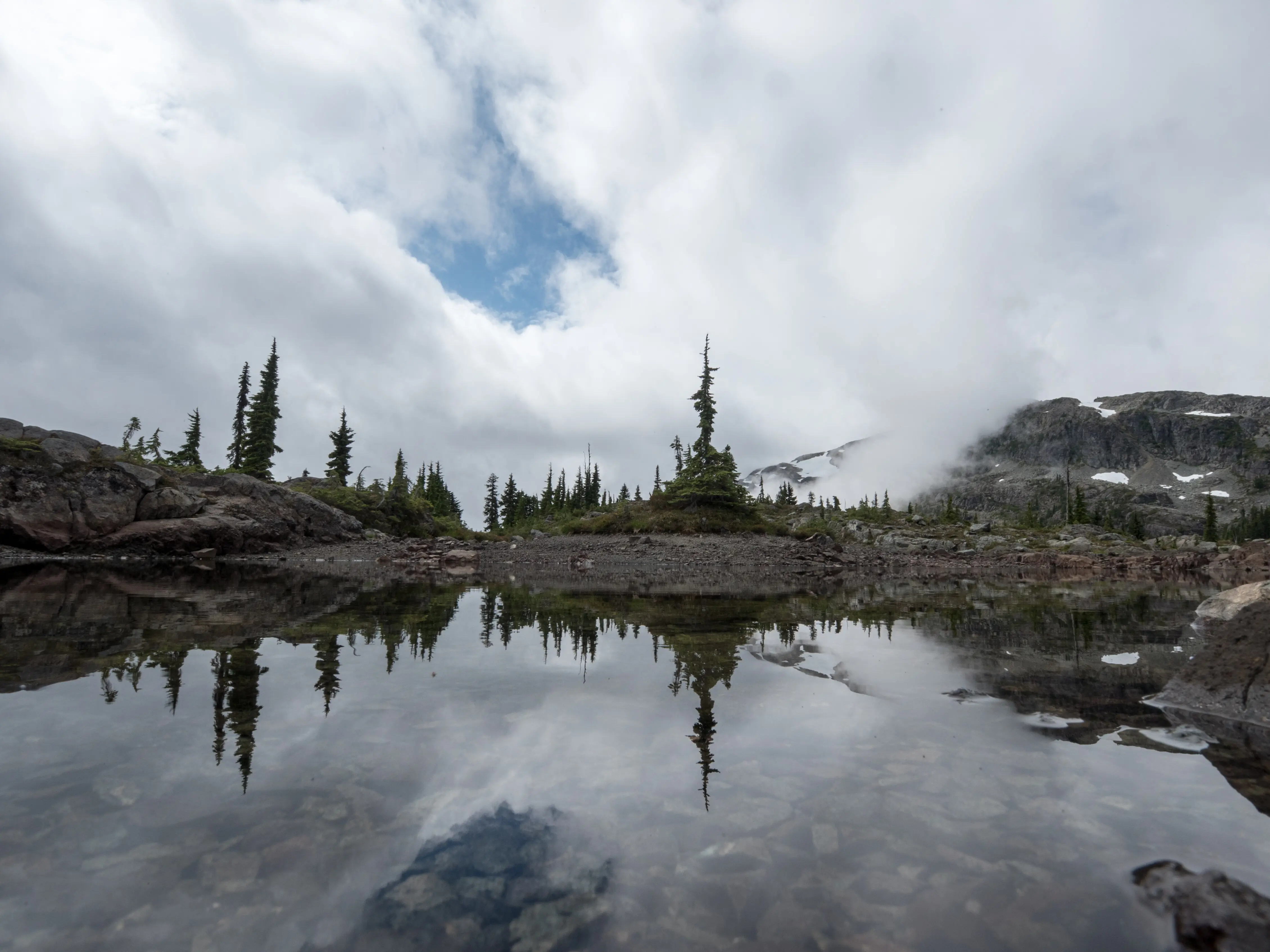 Panoramic scene of water under a cloudy sky