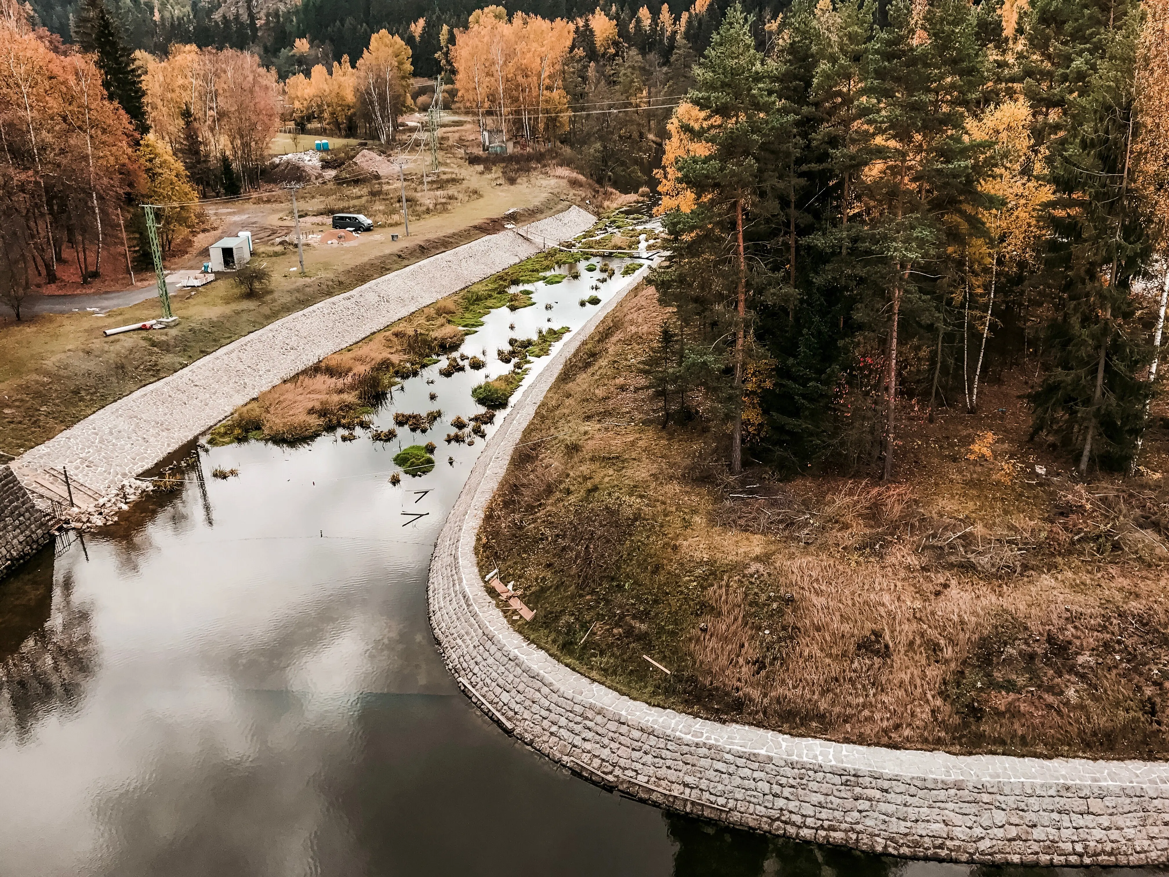 View from above of a lake beside trees